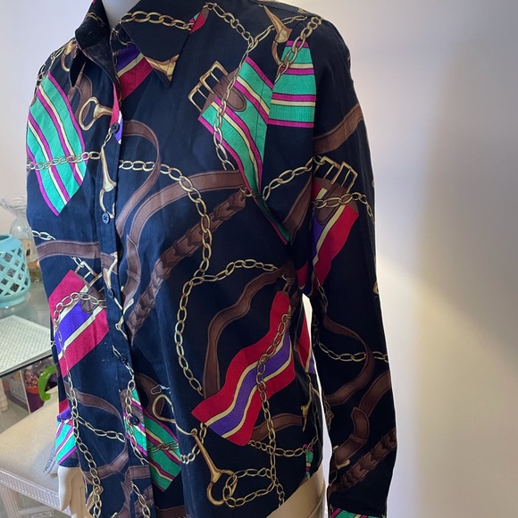 Ralph Lauren, Horsebit & Chain Button down Blouse Sz Petite Small - Picture 2 of 7